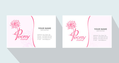 Naklejka na ściany i meble Peony logo. Vector business cards design template with monogram letter P and pink peony flowers on white background. Romantic design for natural cosmetics, perfume, women products. Peony studio.