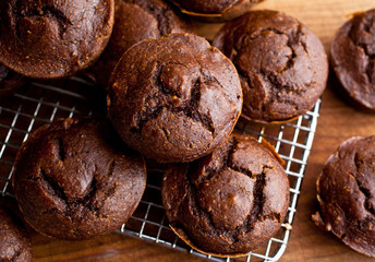 Close up of chocolate cupcakes on cooling rack