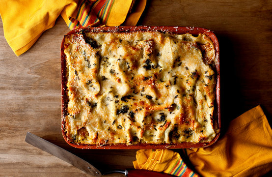 Overhead view of lasagna with roasted kabocha and bechamel