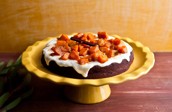 Chocolate souffle cake with candied squash compote