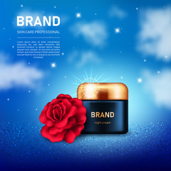 Realistic cream jar with golden lid and red rose on night sky background with clouds and stars. Cosmetic brand advertising concept design