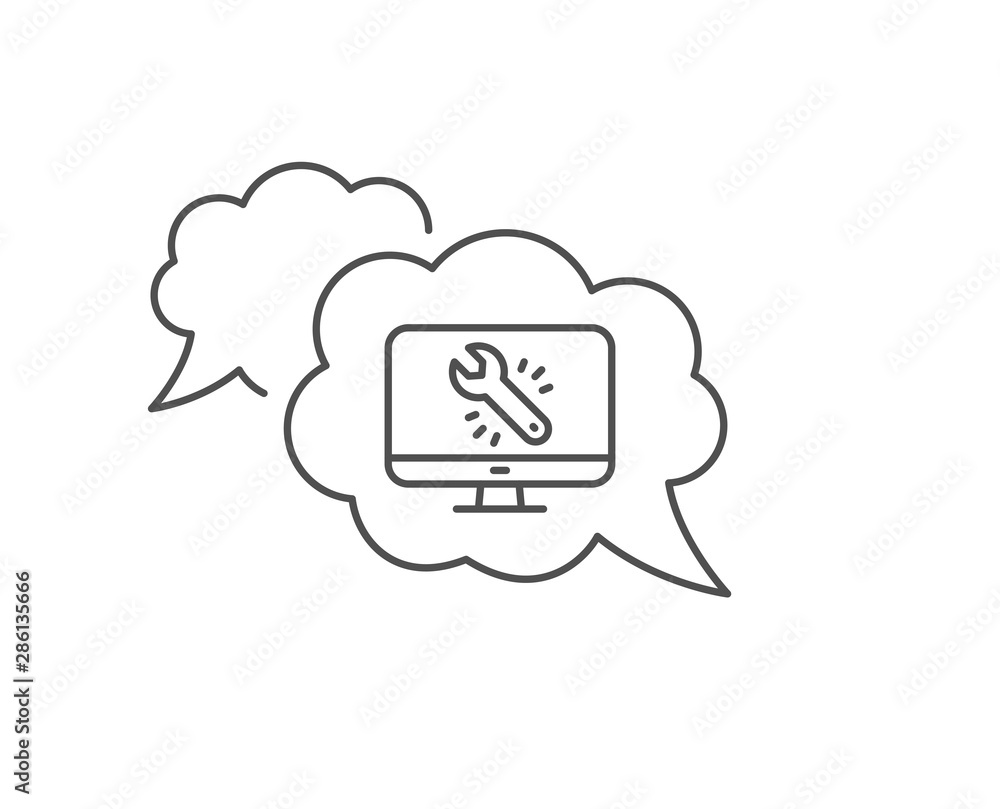Aufkleber spanner tool line icon. chat bubble design. monitor or computer repair service sign. fix instruments