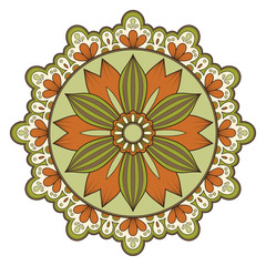 Decorative colorful ethnic mandala pattern. Design element for greeting card, banner or poster in oriental style. Hand drawn illustration