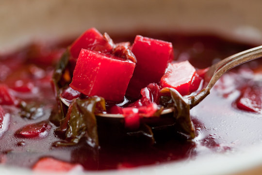 Close up of borscht soup in bowl