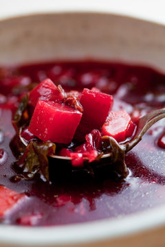 Close up of borscht soup in bowl