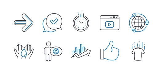 Set of Business icons, such as Eco energy, Next, Cogwheel, Video content, Growth chart, Approved, Like, Safe water, Time, Dry t-shirt line icons. Ecology, Forward. Line eco energy icon. Vector