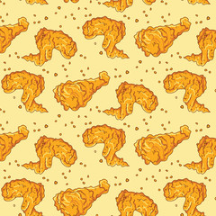 Chicken Fried Crispy Pattern. fast food background, Fried drumpstick and chicken wing background.