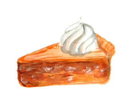 A piece of carrot cake with whipped cream painted with watercolors side view. Isolated on white background