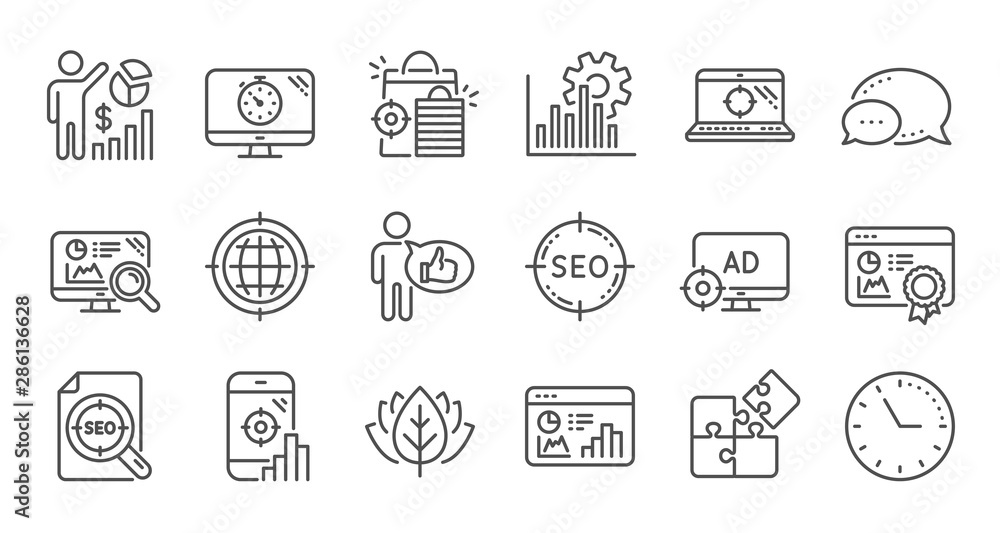Poster seo line icons. increase sales, business strategy and search optimization. analytics linear icon set