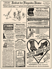 Commercial magazine advertising page in German with many promotion banners,vignettes and caricatures; dated 1891