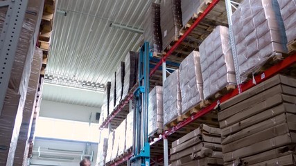 warehouse worker driver in uniform delivery and loading cardboxes by forklift stacker loader