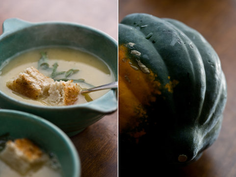 Close up of white bean and squash soup served in bowl