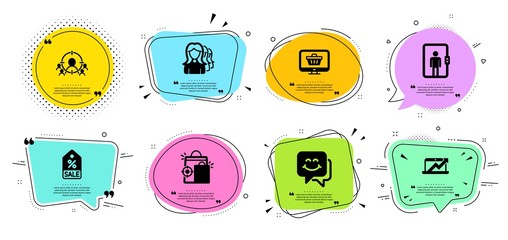 Business targeting, Web shop and Sale coupon line icons set. Chat bubbles with quotes. Seo shopping, Smile face and Sales diagram signs. Elevator, Women headhunting symbols. Vector