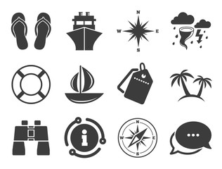 Travel, lifebuoy and palm trees signs. Discount offer tag, chat, info icon. Cruise trip, ship and yacht icons. Binoculars, windrose and storm symbols. Classic style signs set. Vector