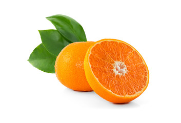 Water drops fresh orange with leaves isolated on white background, Orange slice, Half cut orange and front view.