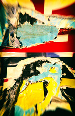 Old ripped torn posters grunge texture background creased crumpled paper backdrop placard surface / Urban street posters / Blurred effect  