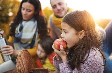 A young family with two small children having picnic in autumn nature at sunset.