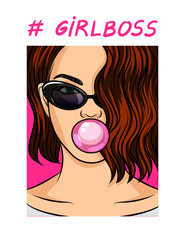Color vector illustration with the slogan # girl boss. Glamorous printable illustration of a girl with a chewing bubble. Modern trendy design for flyers, cards, invitations.