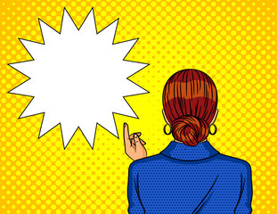 Color vector illustration in pop art style with a girl and a speech bubble on a dotted background. View of a girl in a business suit from the back. Business woman, office worker points a finger up