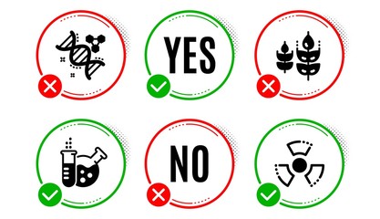 Chemistry lab, Chemistry dna and Gluten free icons simple set. Yes no check box. Chemical hazard sign. Laboratory, Chemical formula, Bio ingredients. Toxic. Business set. Chemistry lab icon. Vector