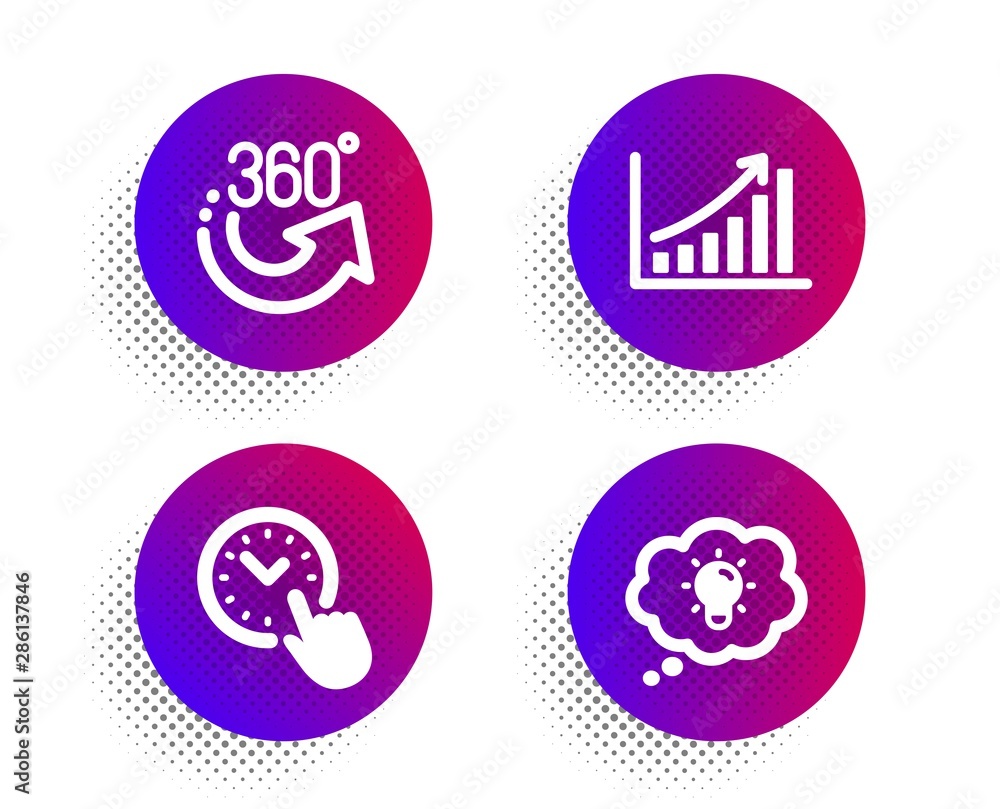 Poster 360 degrees, time management and graph chart icons simple set. halftone dots button. energy sign. fu