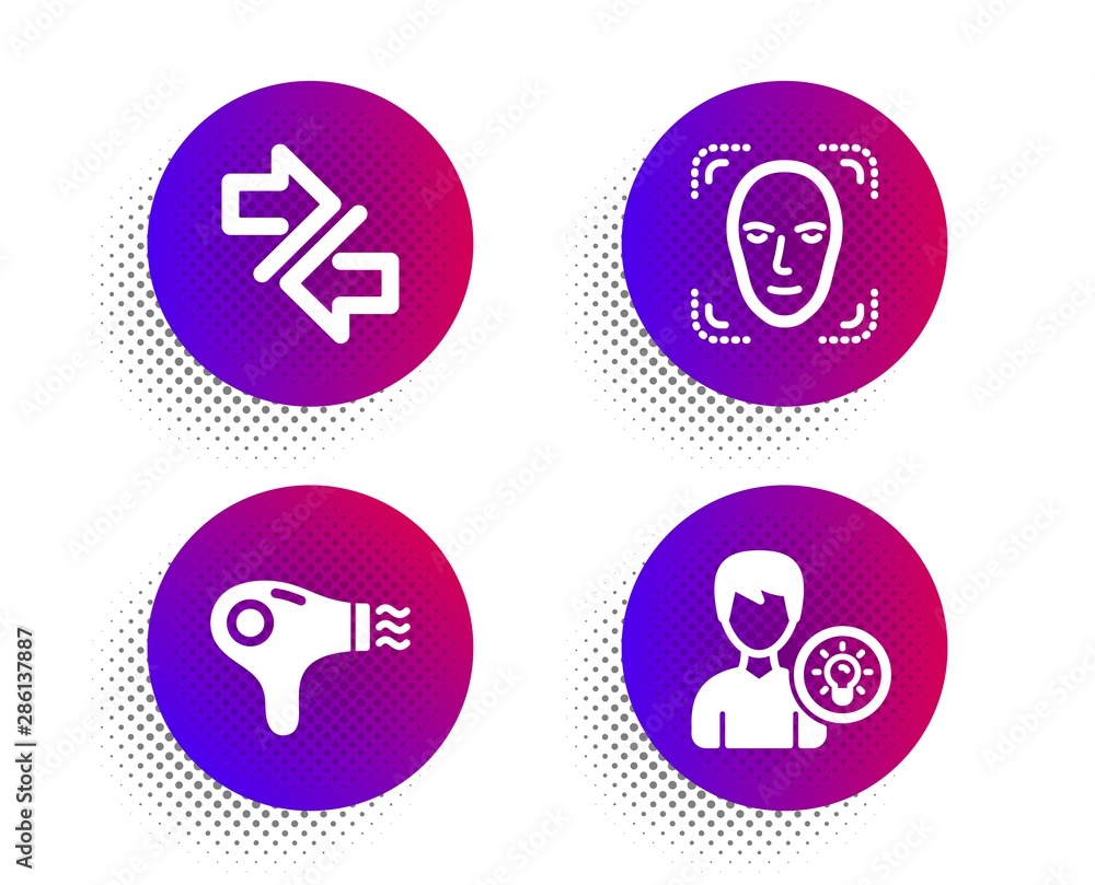Poster face detection, synchronize and hair dryer icons simple set. halftone dots button. person idea sign.