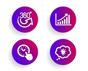 360 degrees, Time management and Graph chart icons simple set. Halftone dots button. Energy sign. Full rotation, Office clock, Growth report. Lightbulb. Science set. Vector