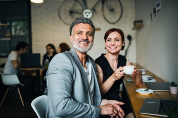 Man and woman having business meeting in a cafe, using laptop.