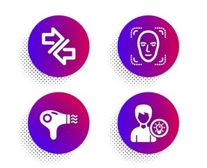 Fototapeta premium Face detection, Synchronize and Hair dryer icons simple set. Halftone dots button. Person idea sign. Detect person, Communication arrows, Hairdryer. Lamp energy. Technology set. Vector
