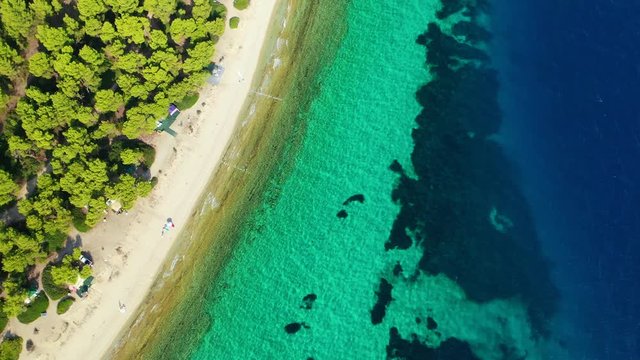 Aerial drone video of iconic sandy protected bay of Glarokavos with turquoise clear sea, Kassandra Peninsula, Halkidiki, North Greece