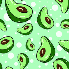 Vector seamless pattern with avocado on blue background with circles. Wallpaper and fabric design. Wrapping paper pattern. Good for printing.