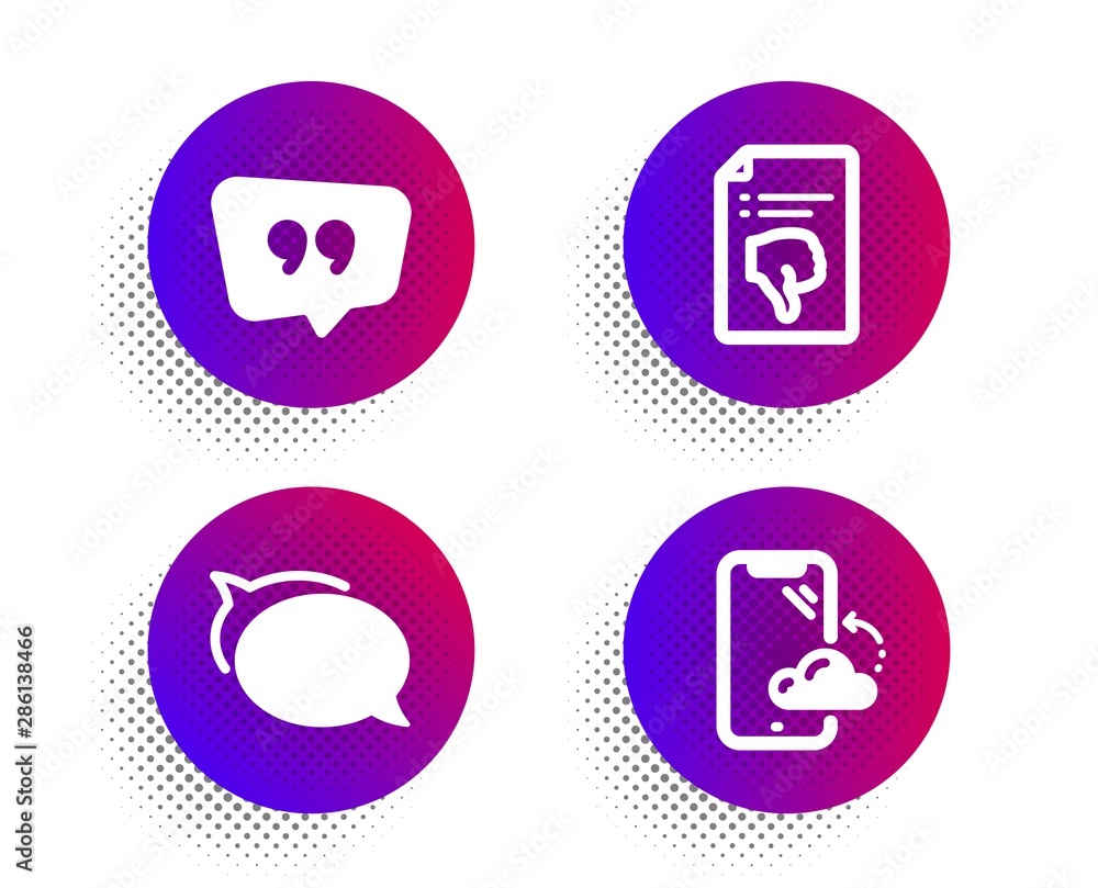 Poster talk bubble, thumb down and quote bubble icons simple set. halftone dots button. smartphone cloud si