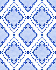 Watercolor blue tile seamless pattern - 286138603