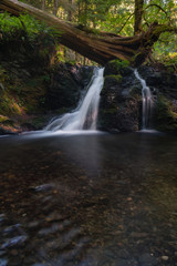 Fototapeta na wymiar Beautiful flowing cascade waterfalls in the lush forest of Moran State Park, Orcas Island, Washington