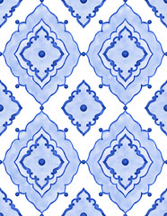 Watercolor blue tile pattern - 286138862