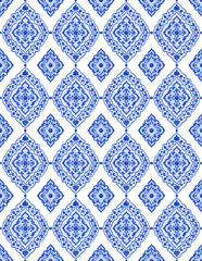 Watercolor royal blue filigree seamless pattern, renaissance tiling ornament. Delicate damask openwork lace pattern. Cobalt blue revival tracery design. Moroccan navy blue background. - 286138881