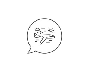 Airplane travel line icon. Chat bubble design. Trip flight sign. Holidays symbol. Outline concept. Thin line airplane travel icon. Vector