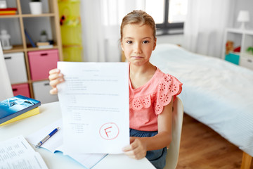 children, education and learning concept - sad student girl with failed school test at home