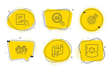 Architectural plan, Data analysis and Augmented reality signs. Chat bubbles. Fair trade, Target purpose and Document line icons set. Safe nature, Business focus, File with diagram. Vector