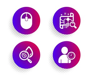 Search map, Computer mouse and Water analysis icons simple set. Halftone dots button. Time management sign. Find address, Pc equipment, Aqua bacteria. User with clock. Business set. Vector