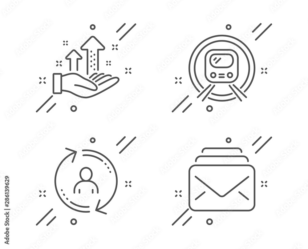 Poster analysis graph, metro subway and user info line icons set. mail sign. targeting chart, underground, 