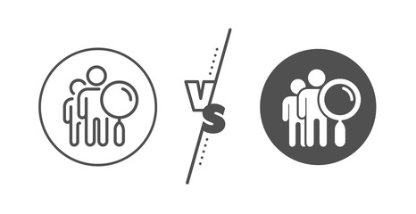 Fototapeta premium Find employee sign. Versus concept. Search people line icon. Magnify glass. Line vs classic search people icon. Vector