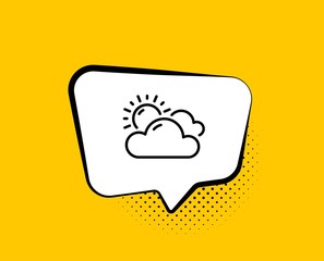 Sunny weather forecast line icon. Comic speech bubble. Clouds with sun sign. Cloudy sky symbol. Yellow background with chat bubble. Sunny weather icon. Colorful banner. Vector