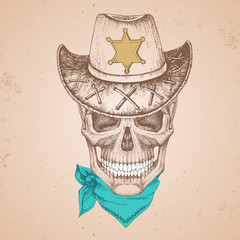 Hand drawing hipster illustration of skull with sheriff's hat on grunge background. Hipster fashion style