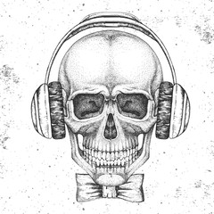 Hand drawing hipster illustration of skull with headphones on grunge background. Hipster fashion style