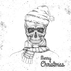 Hand drawing hipster illustration of skull with new year hat on grunge background. Hipster fashion style