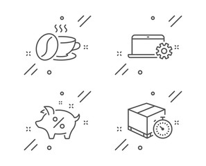 Loan percent, Coffee cup and Notebook service line icons set. Delivery timer sign. Piggy bank, Roasted bean, Computer repair. Express logistics. Business set. Line loan percent outline icon. Vector