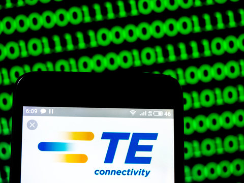  Kiev, Ukraine, March 28, 2019, illustrative editorial. Photo illustration a TE Connectivity Ltd. (Tyco Electronics) logo seen displayed on a smart phone.
