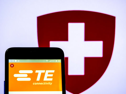  Kiev, Ukraine, March 28, 2019, illustrative editorial. Photo illustration a TE Connectivity Ltd. (Tyco Electronics) logo seen displayed on a smart phone.