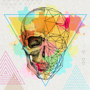 Hipster realistic and polygonal skull on artistic watercolor background